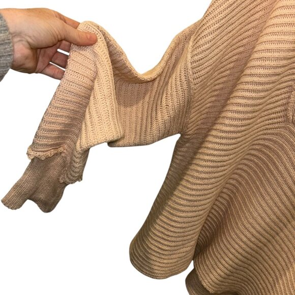 khaki sweater Free People neutral ribbed shawl neck middy collar L - Picture 3 of 6